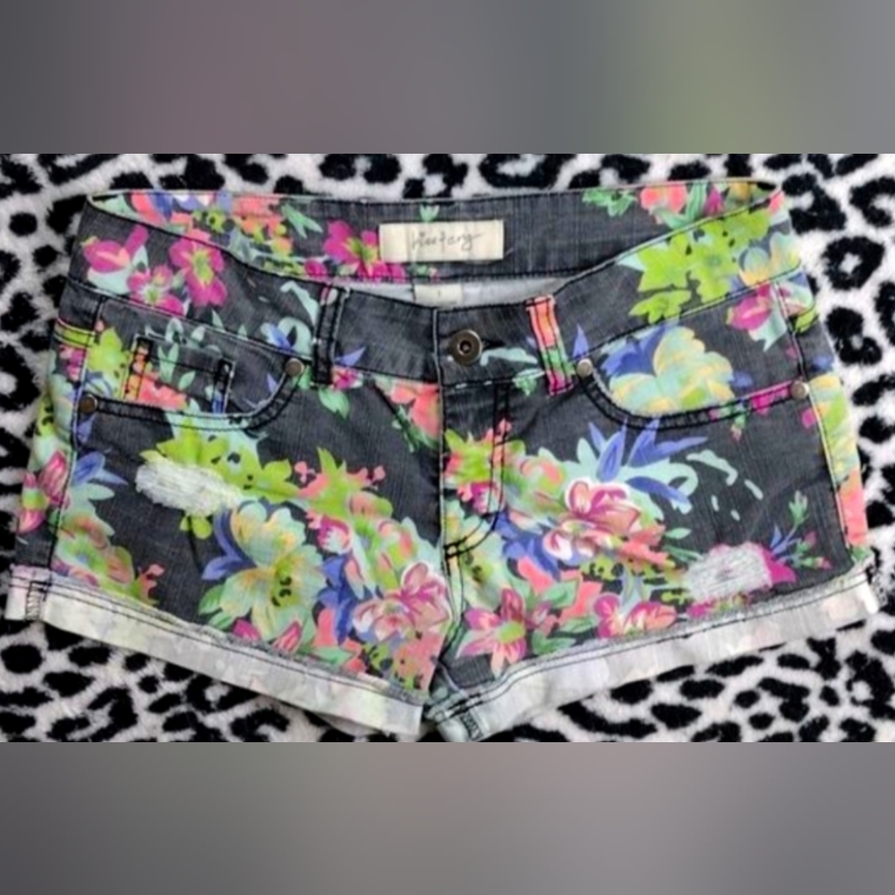 Kiss & Cry Cotton Floral Print Distressed Jean Shorts